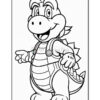 A cartoon dinosaur character smiling and wearing overalls, with a spiked back and a tail, presented in a coloring page style.