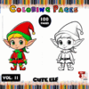 Cute elf character illustrations for a coloring book, featuring a colored version and a black-and-white outline for coloring pages.
