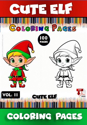 Cute elf character illustrations for a coloring book, featuring a colored version and a black-and-white outline for coloring pages.