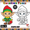 Cute elf character in a colorful coloring book layout, showcasing both a colored and black-and-white version for coloring pages on artcoloringpage.com.