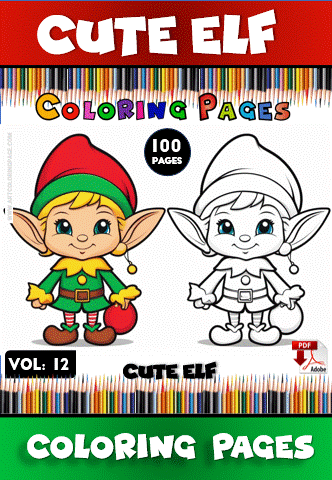 Cute elf character in a colorful coloring book layout, showcasing both a colored and black-and-white version for coloring pages on artcoloringpage.com.
