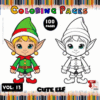 Cute elf character on a coloring page, featuring both colored and black-and-white versions. Part of a 100-page coloring book from artcoloringpage.com.