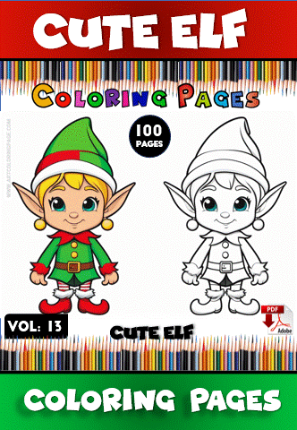Cute elf character on a coloring page, featuring both colored and black-and-white versions. Part of a 100-page coloring book from artcoloringpage.com.