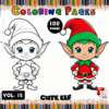 Cute elf coloring pages featuring a colorful elf design alongside a black and white version for coloring from artcoloringpage.com.
