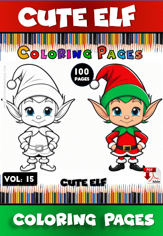 Cute elf coloring pages featuring a colorful elf design alongside a black and white version for coloring from artcoloringpage.com.