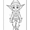 A cheerful elf character with large ears, wearing a striped hat and festive clothing, walking forward.