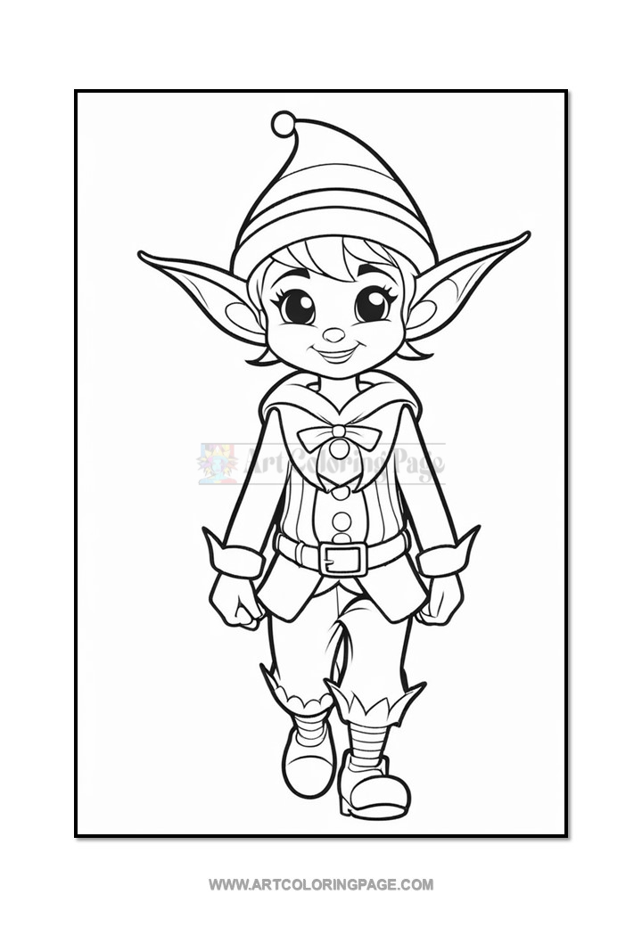 A cheerful elf character with large ears, wearing a striped hat and festive clothing, walking forward.