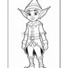 A cheerful elf character with pointed ears, wearing a hat, buttoned coat, and striped socks, ready for coloring.