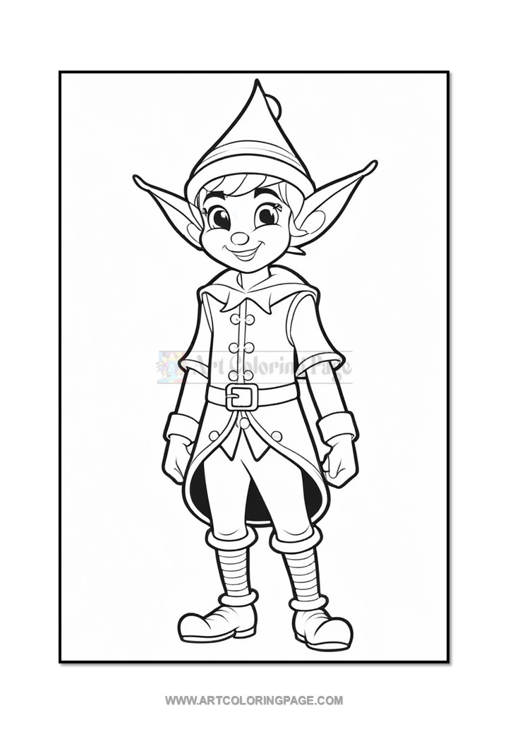 A cheerful elf character with pointed ears, wearing a hat, buttoned coat, and striped socks, ready for coloring.