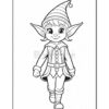 A cheerful elf character with pointed ears and a striped hat, wearing a buttoned outfit, walking with a smile.