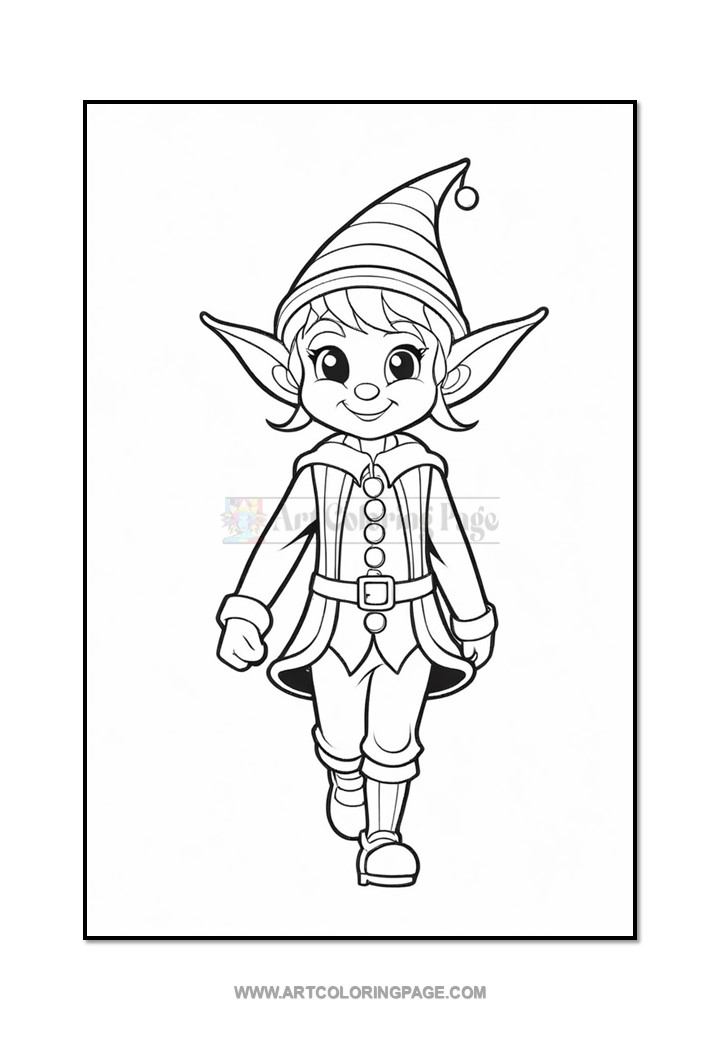 A cheerful elf character with pointed ears and a striped hat, wearing a buttoned outfit, walking with a smile.