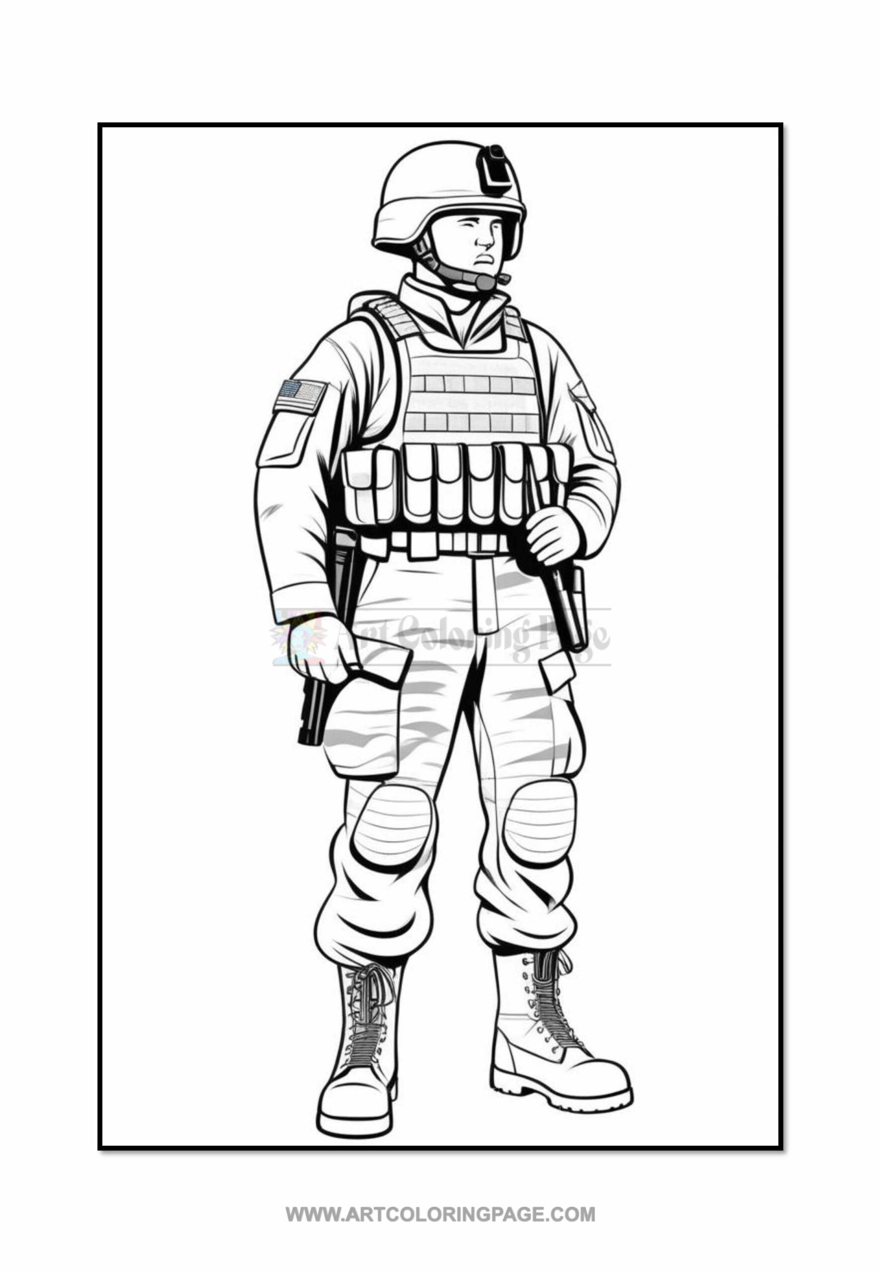 A soldier standing confidently, wearing a helmet and tactical gear, holding a gun, with a military-style uniform.