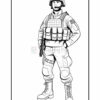 A soldier in uniform stands confidently, holding a rifle, wearing a helmet and tactical gear.