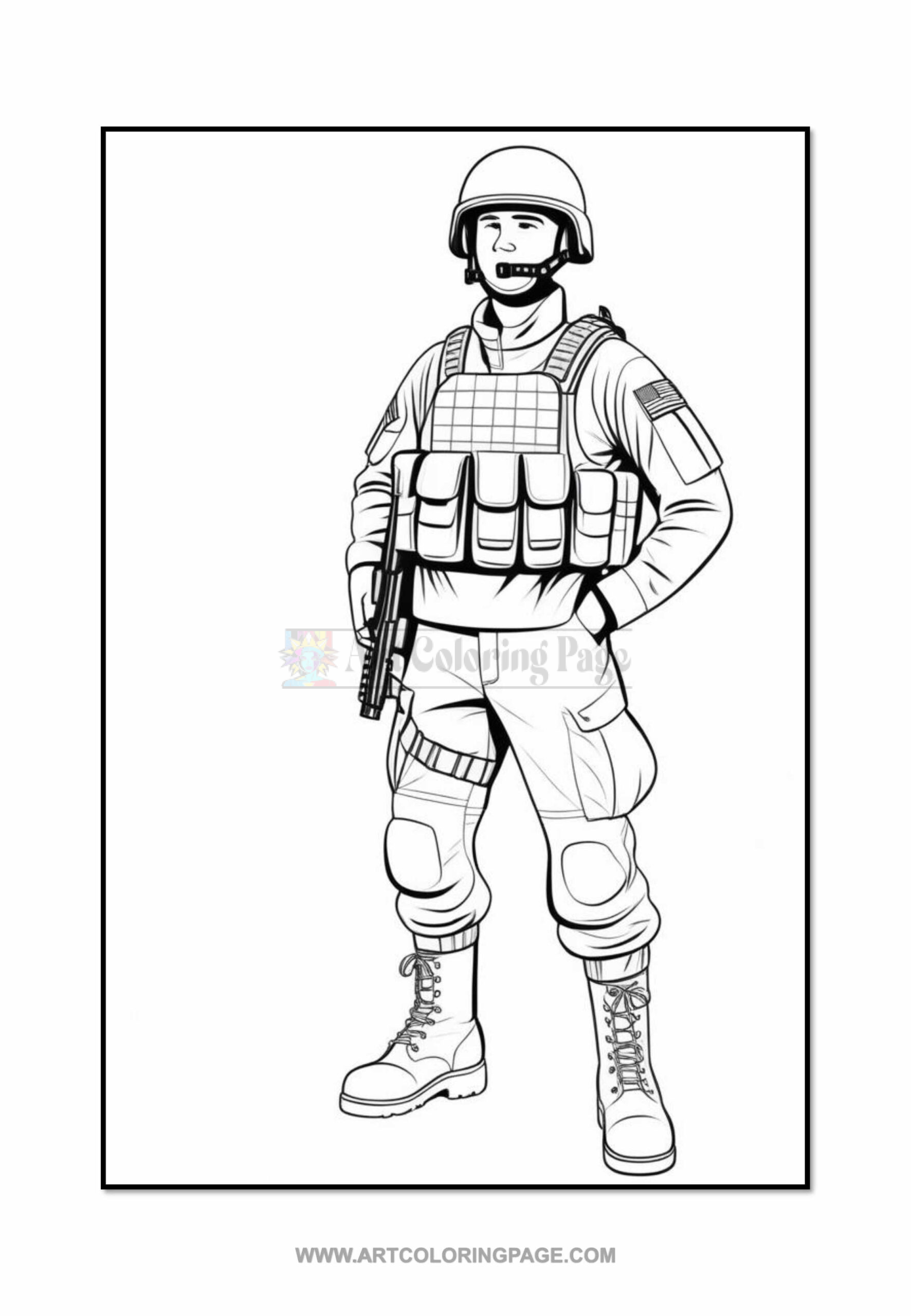 A soldier in uniform stands confidently, holding a rifle, wearing a helmet and tactical gear.