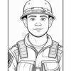 A smiling soldier wearing a helmet and military uniform, set against a blank background suitable for coloring.