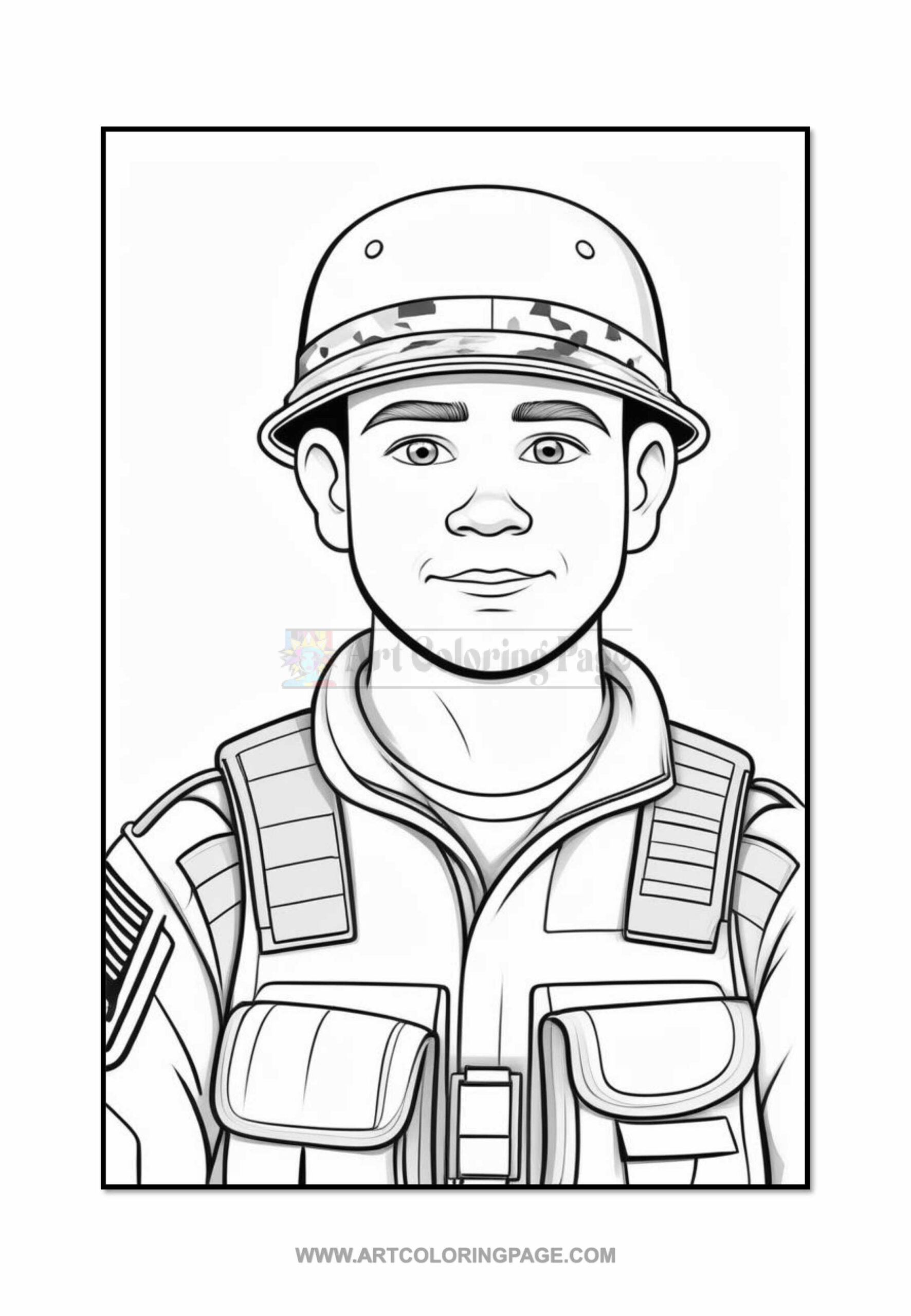 A smiling soldier wearing a helmet and military uniform, set against a blank background suitable for coloring.