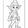 A cheerful elf with pointed ears and a striped hat walks confidently, dressed in a colorful outfit and carrying a small pouch.