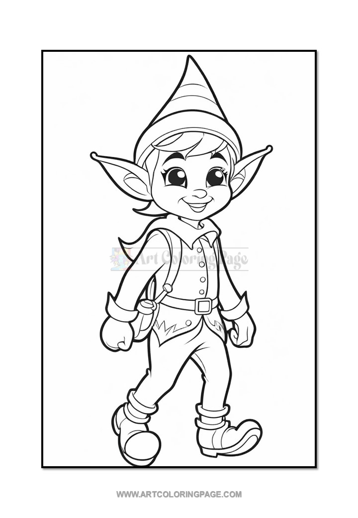 A cheerful elf with pointed ears and a striped hat walks confidently, dressed in a colorful outfit and carrying a small pouch.