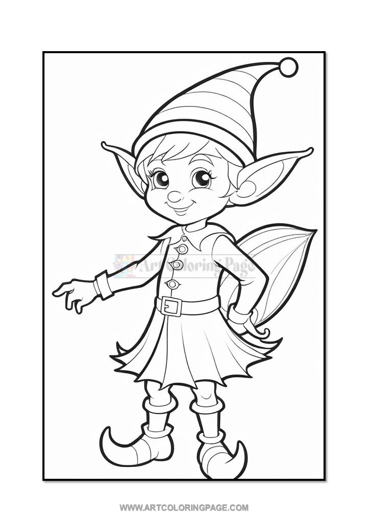 A cheerful elf with large ears, a striped hat, a dress, and pointy shoes, standing with one hand on his hip.