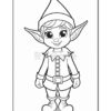 A cheerful cartoon elf with large ears, wearing a pointed hat and a festive outfit, standing with a friendly smile.