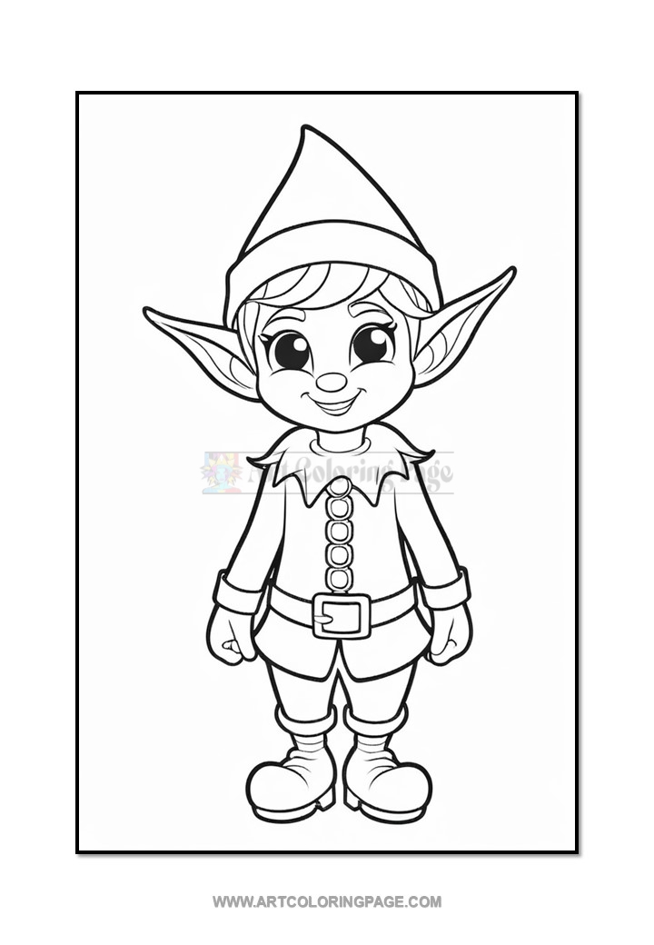 A cheerful cartoon elf with large ears, wearing a pointed hat and a festive outfit, standing with a friendly smile.