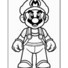 A black and white line drawing of a cartoon character resembling a plump man with a mustache, wearing a cap, overalls, and gloves.