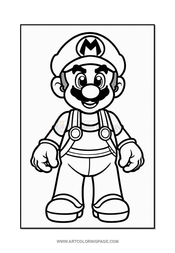 A black and white line drawing of a cartoon character resembling a plump man with a mustache, wearing a cap, overalls, and gloves.