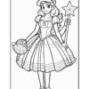 A cartoon girl in a princess dress holding a star wand and a turtle shell, outlined for coloring.