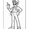 Line art illustration of a cartoon character wearing a cap and overalls, raising a finger in a playful pose.