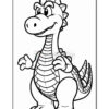 A cartoon dinosaur character with a friendly expression, standing upright with its arms open, outlined for coloring.