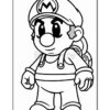 A black-and-white cartoon illustration of a character resembling Mario, wearing a cap, overalls, and gloves, ready for coloring.
