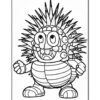 A playful cartoon character with a spiky body and large eyes, depicted in a black and white coloring page style.