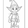 A cheerful elf character with large ears, wearing a pointed hat and festive clothing, ready to be colored.