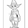 A cheerful elf character with pointed ears, wearing a striped hat and colorful clothing, ready for coloring.