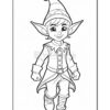 A cheerful elf character with pointed ears and a striped hat, wearing a festive outfit, happily walking.