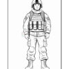 A military soldier standing at attention, wearing tactical gear, helmet with a camera, and combat boots.