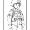 A cartoon soldier character wearing a helmet and military uniform, with an American flag patch and various equipment.