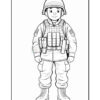 A cartoon soldier character standing confidently, wearing military gear, a helmet, and boots, ready for coloring.