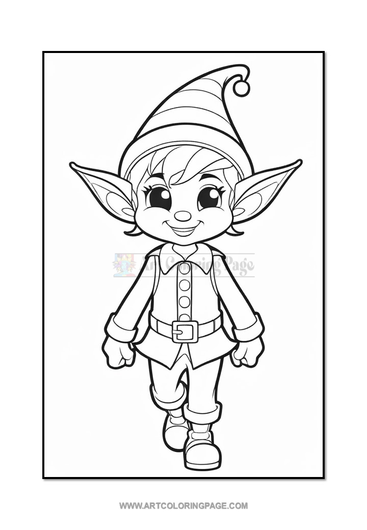 A cheerful cartoon elf with pointed ears and a striped hat, wearing a belt and cheerful expression, walks towards the viewer.