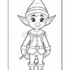 A cheerful cartoon elf with pointy ears, wearing a striped hat and festive outfit, stands smiling with a wand in hand.