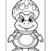 A cartoon character resembling a turtle with a large mushroom cap on its head, smiling and wearing decorative clothing.