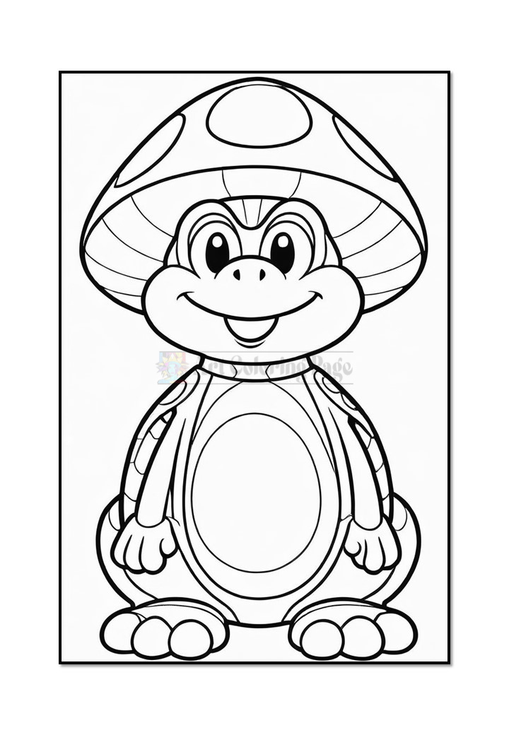 A cartoon turtle wearing a large, spotted mushroom cap, smiling and sitting with a friendly expression.