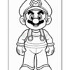 A black and white outline drawing of a cartoon character resembling a plumber, wearing a hat with an 'M', overalls, and gloves.