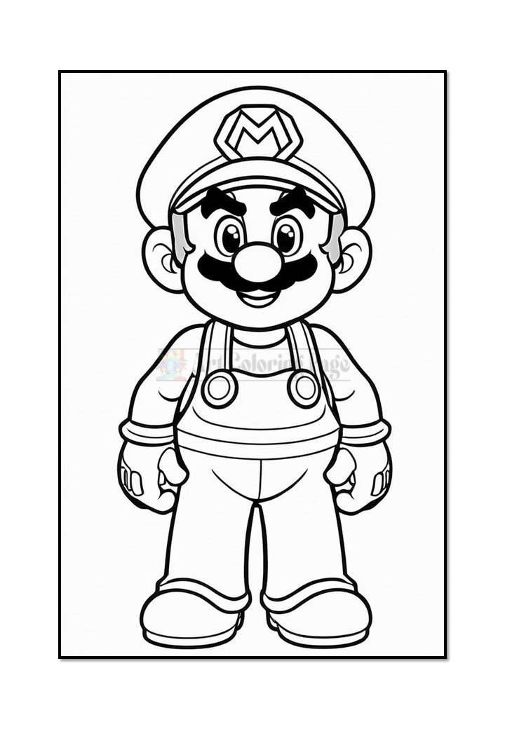 A black and white outline drawing of a cartoon character resembling a plumber, wearing a hat with an 'M', overalls, and gloves.