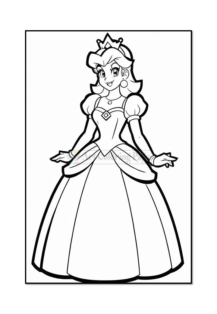 Princess character in a gown with a crown, standing with arms outstretched, ready for coloring. Credit: Artcoloringpage.com