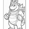 A cartoon character resembling a dinosaur in armor, posing confidently with a smile and clenched fists, outlined for coloring.