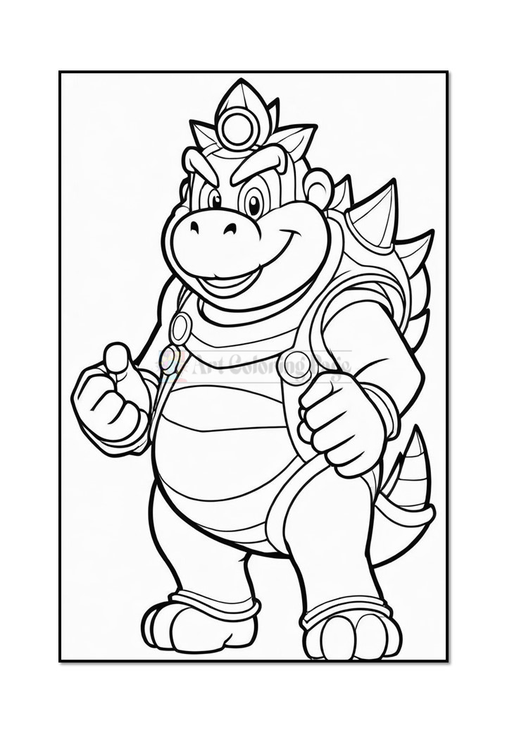 A cartoon character resembling a dinosaur in armor, posing confidently with a smile and clenched fists, outlined for coloring.