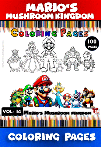Mario's Mushroom Kingdom coloring pages featuring characters like Mario, Princess Peach, and Bowser, suitable for a cozy coloring book experience.
