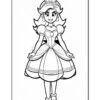 A cartoon princess with a crown, wearing a gown and smiling, depicted in black and white for coloring.