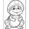 A cute turtle character with a large mushroom hat and a friendly smile, sitting and holding a round object in its hands.